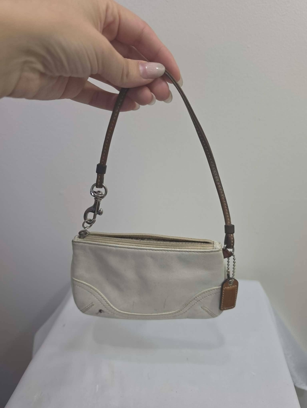 Coach Leather Wristlet Pouch in Off-White with Brown Strap